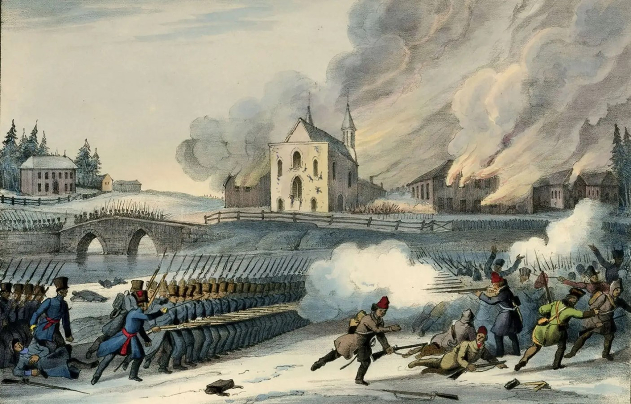 Bataille de Saint-Eustache, 14 décembre 1837, lors de la rébellion des Patriotes. Encre et aquarelle sur papier, lithographie, 1840.