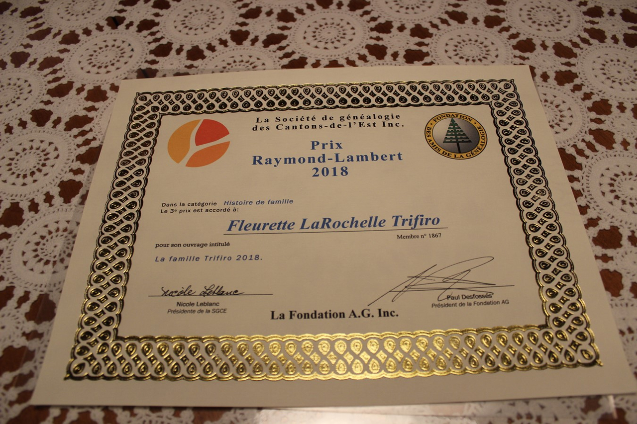 Le certificat du Prix Raymond-Lambert pour La famille Trifiro 2018. 